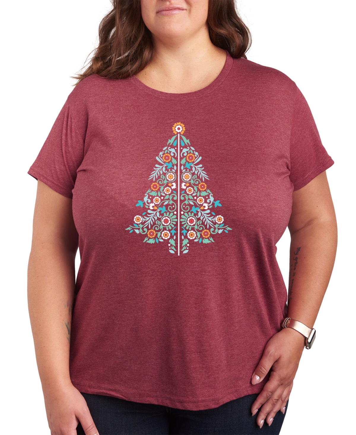 Air Waves Trendy Plus Size Christmas Tree Graphic T-shirt In Red