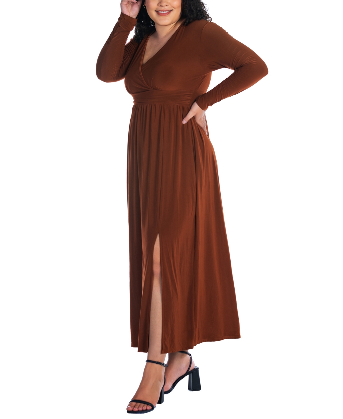 24seven Comfort Apparel Plus Size Long Sleeve V-neck Maxi Dress