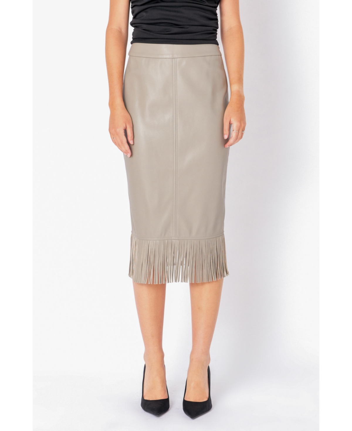 ENDLESS ROSE WOMEN'S PU FRINGE PENCIL MIDI SKIRT