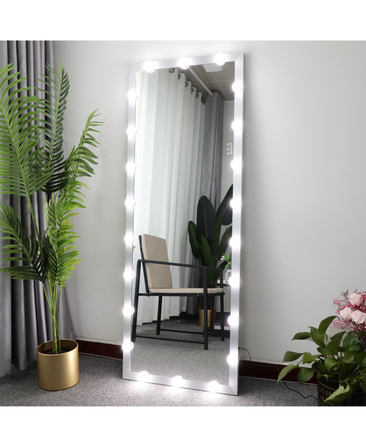 Modern Wall Standing Bedroom Hotel Full Length Mirror With Led Bulbs Touch Control Whole Body - Silver