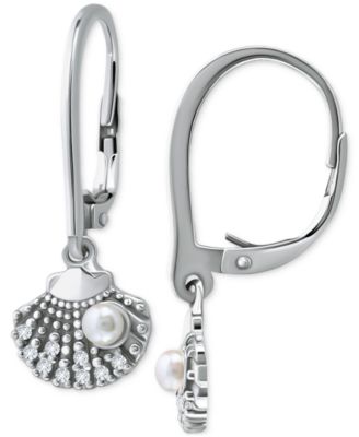 Freshwater Pearl (3mm) & Cubic Zirconia Shell Leverback Drop Earrings in Sterling Silver, Created for Macy's