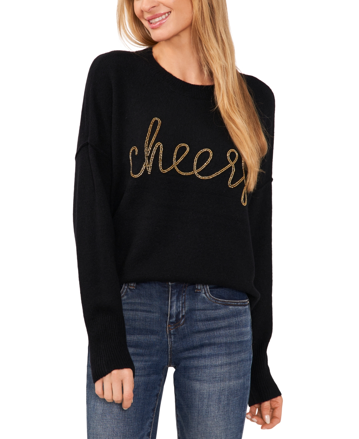 Cece Womens Beaded Ribbed Trim Pullover Sweater In Rich Black