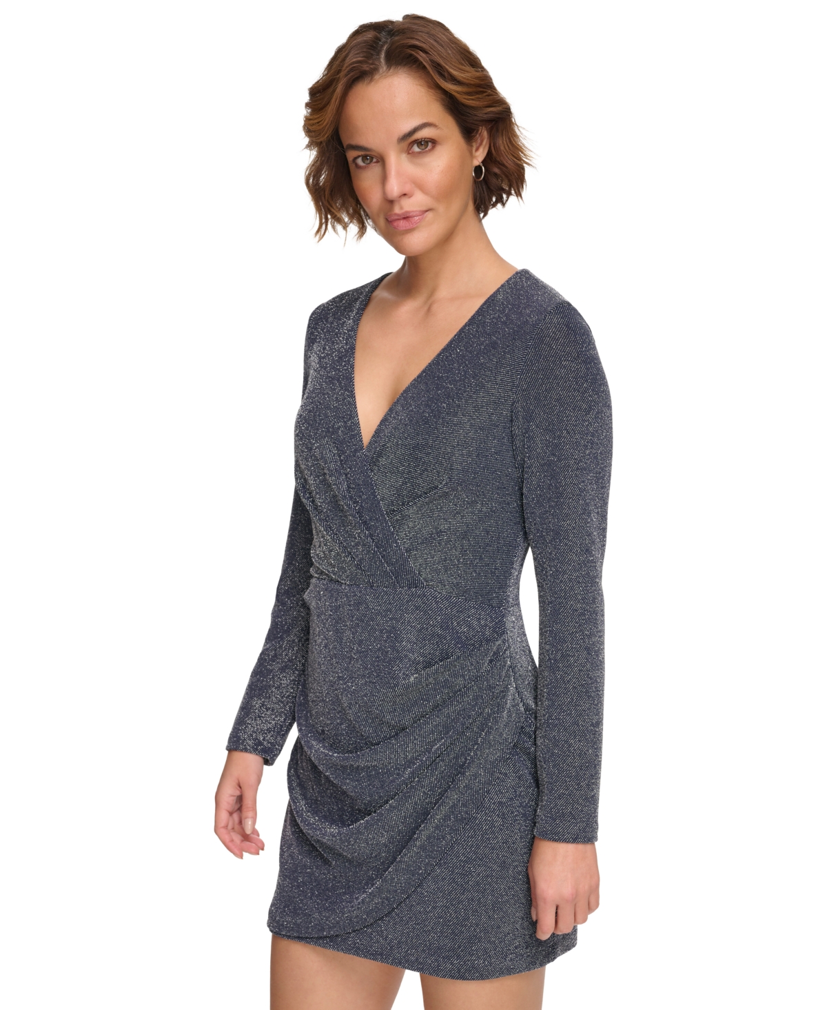 Shop Dkny Women's Metallic-knit Surplice Mini Dress In Navy,silver