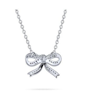 Bridal Wedding Delicate Clear Cubic Zirconia Pave CZ Station Romantic Holiday Present Ribbon Bow Pendant Necklace For Women For Teen .925 Sterling Silver