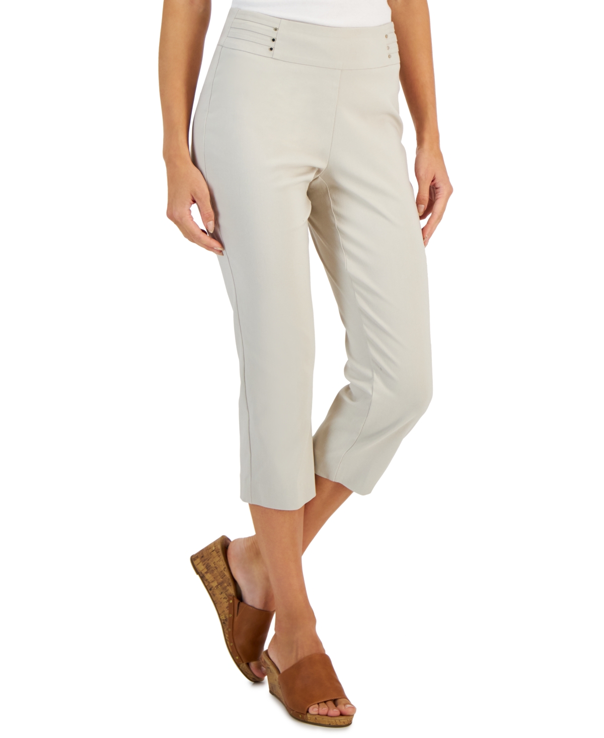 Jm Collection Women's Pull On Slim-fit Rivet Detail Cropped Pants, Created For Macy's In Stone Wall