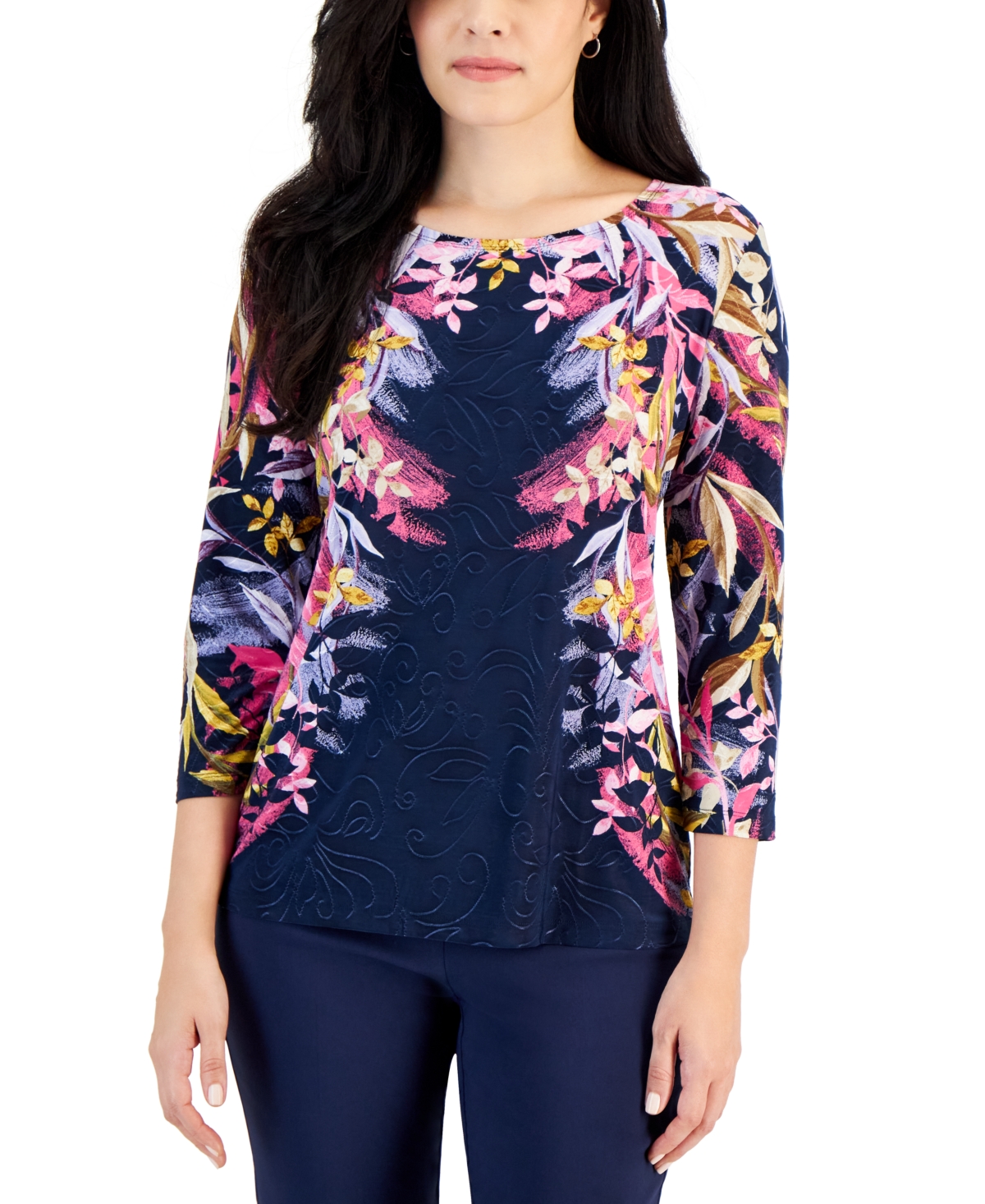 Women's Printed 3/4 Sleeve Jacquard Top, Created for Macy's - Intrepid Blue Combo