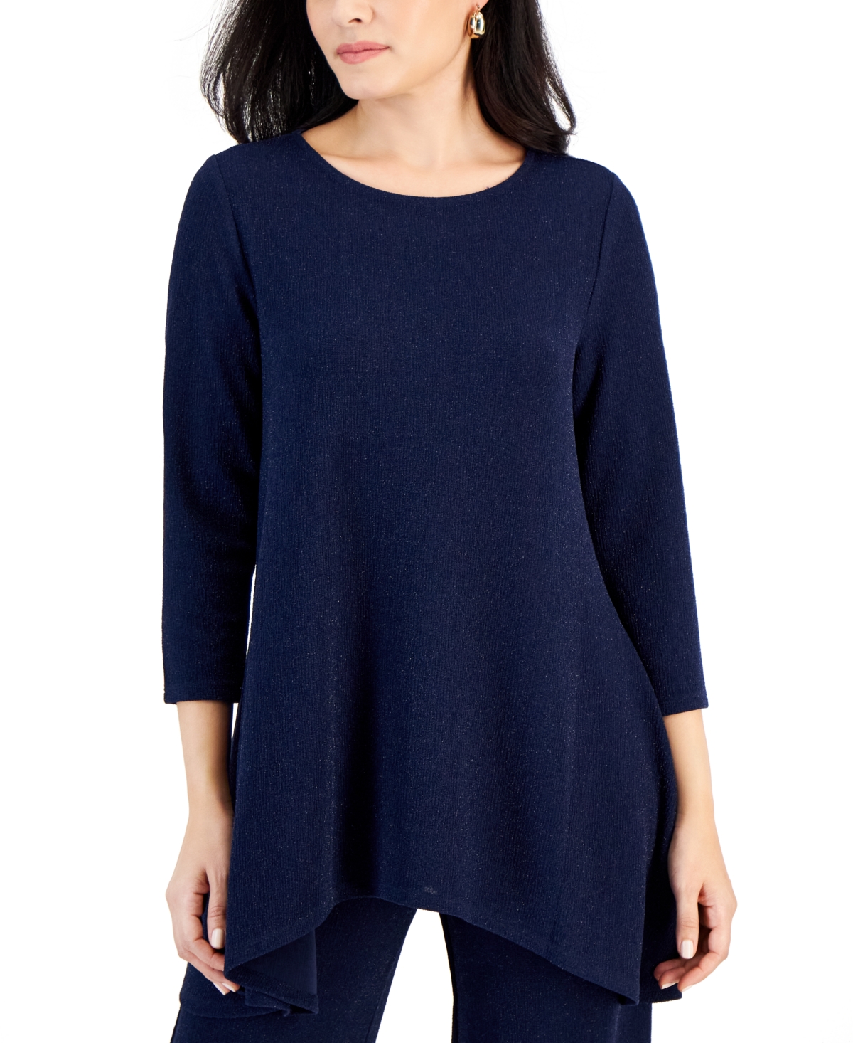 Jm Collection Women's New Shine Solid 3/4 Sleeve Knit Top, Created For Macy's In Intrepid Blue