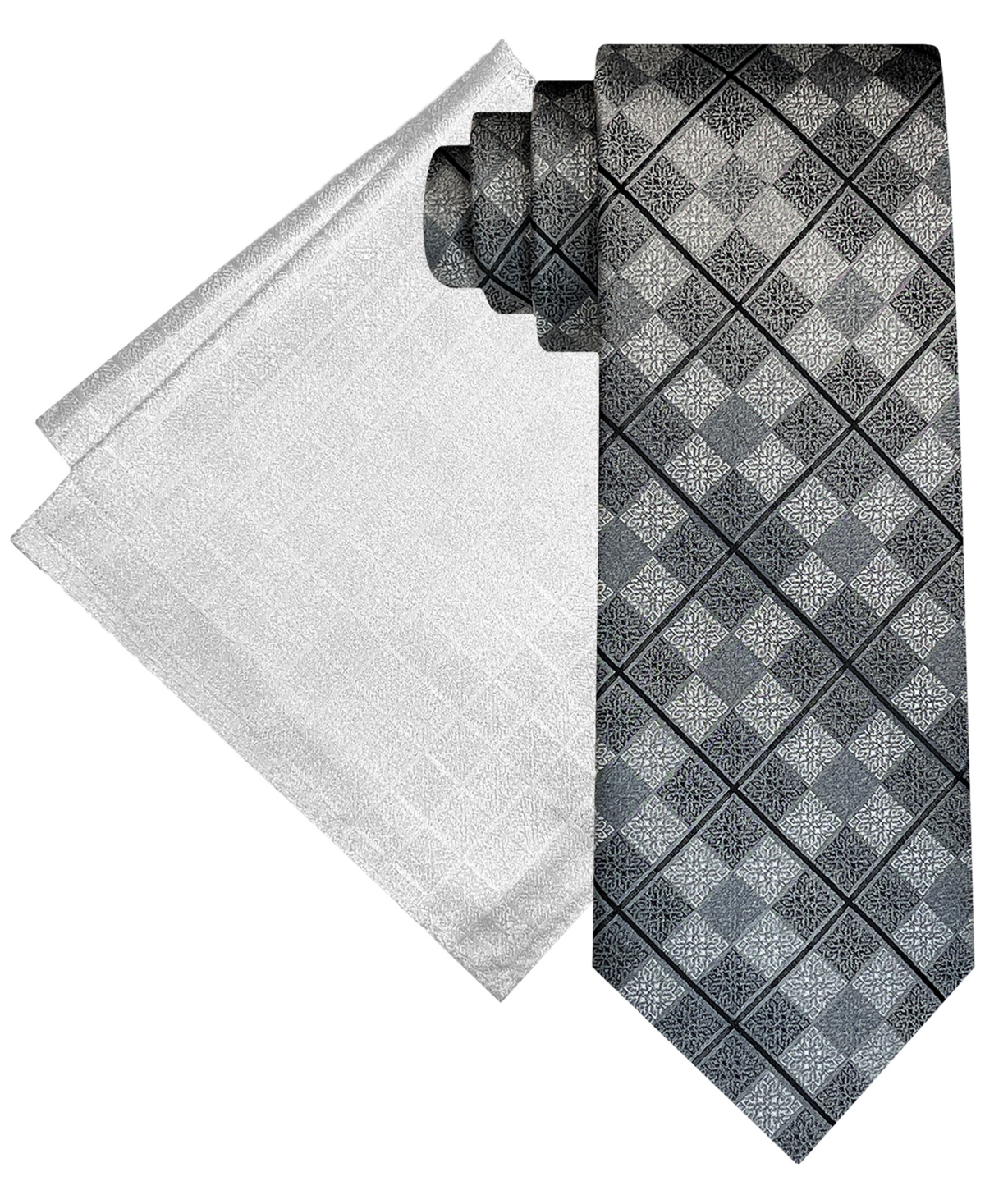 Men's Ornate Grid Tie & Pocket Square Set - Silver