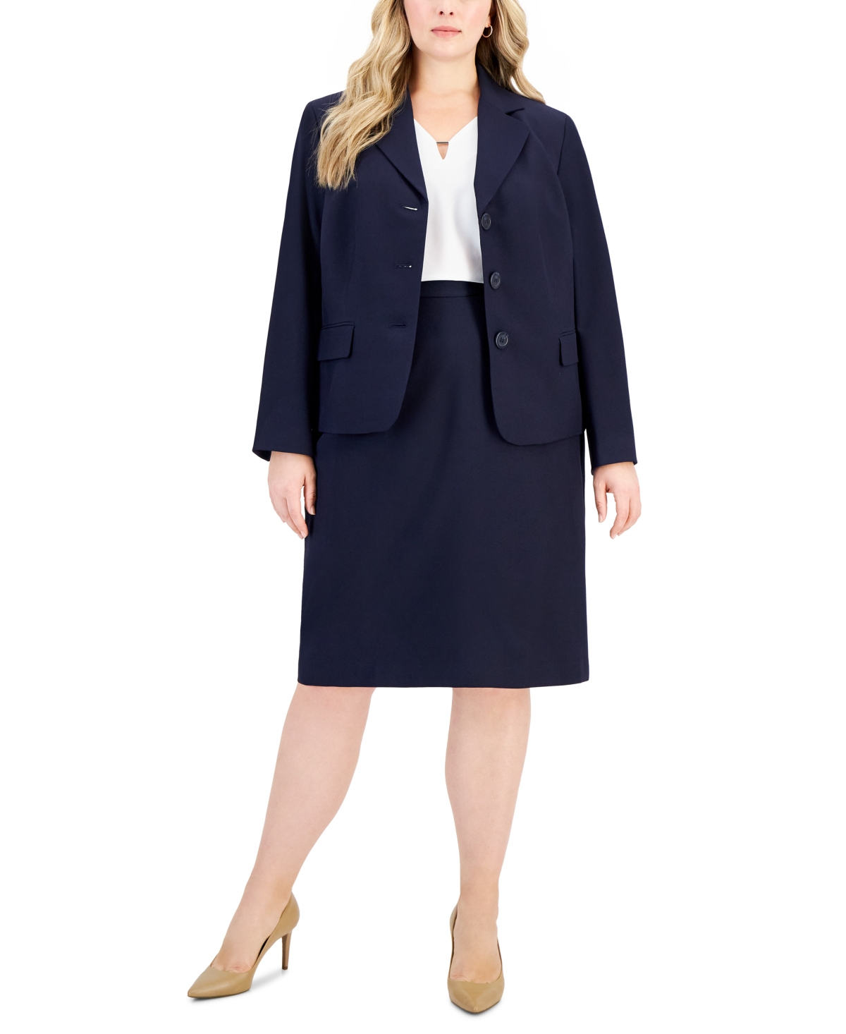 Plus Size Button-Front Pencil Skirt Suit - Navy