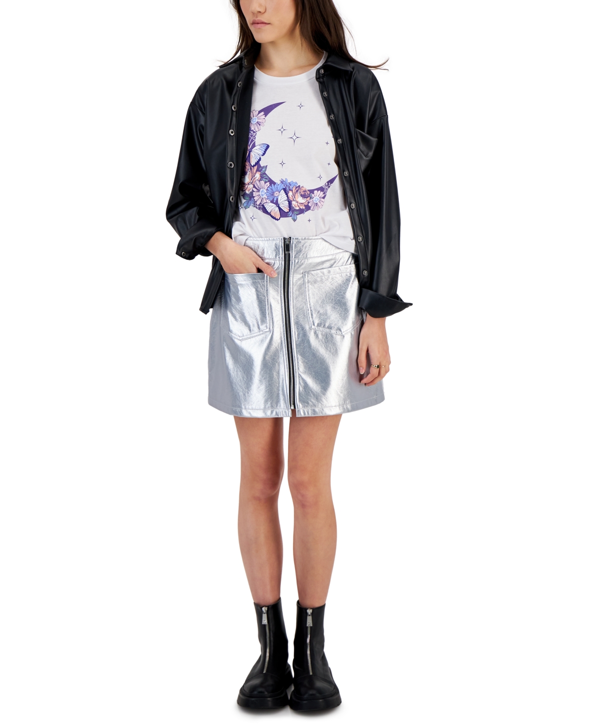 Tinseltown Juniors' Metallic Mini Skirt In Silver