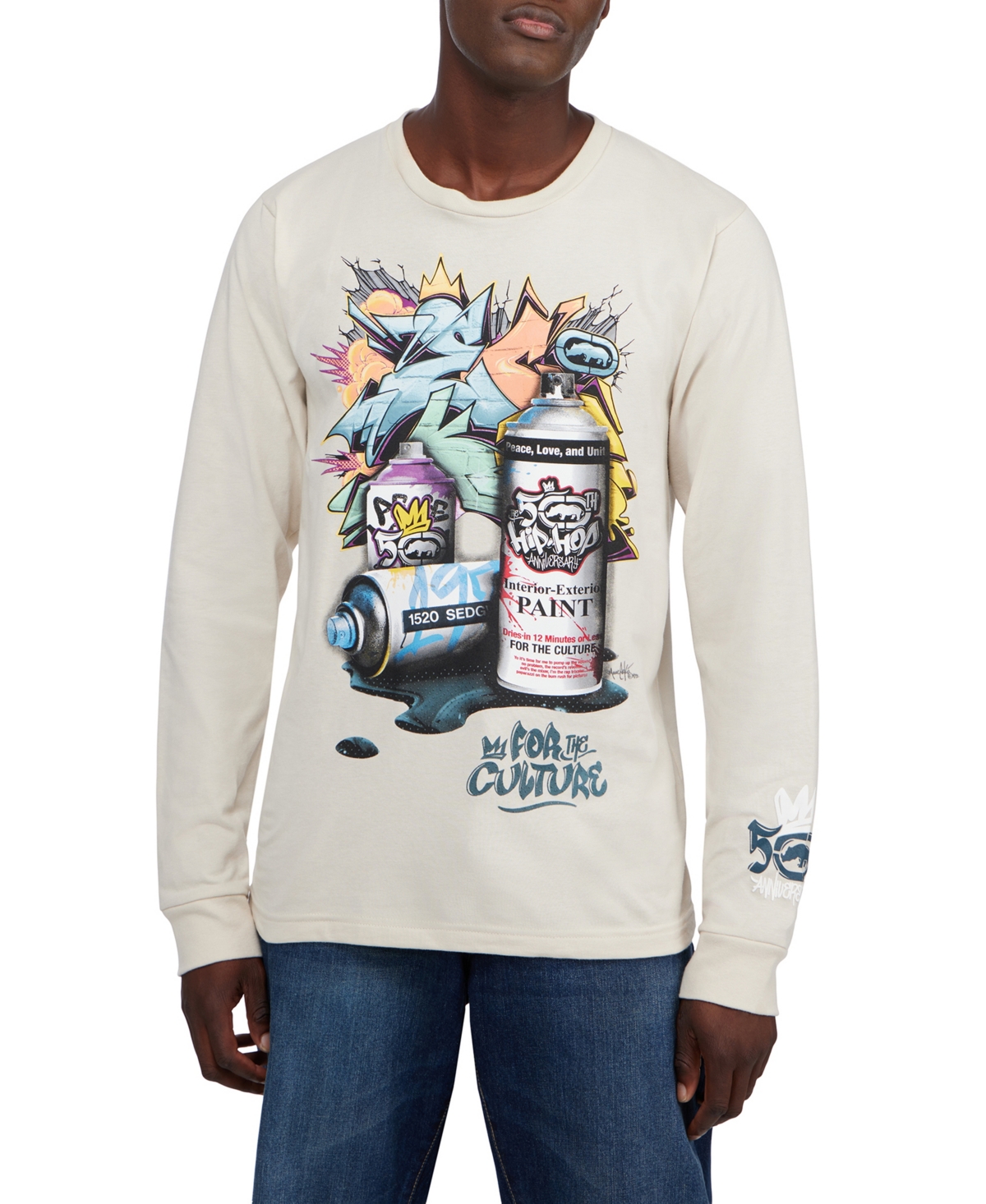 Thread Collective 50 Year Anniversary Of Hip Hop Men's Spray The Town Down Graphic Crewneck Long Sleeve T-shirt In Beige
