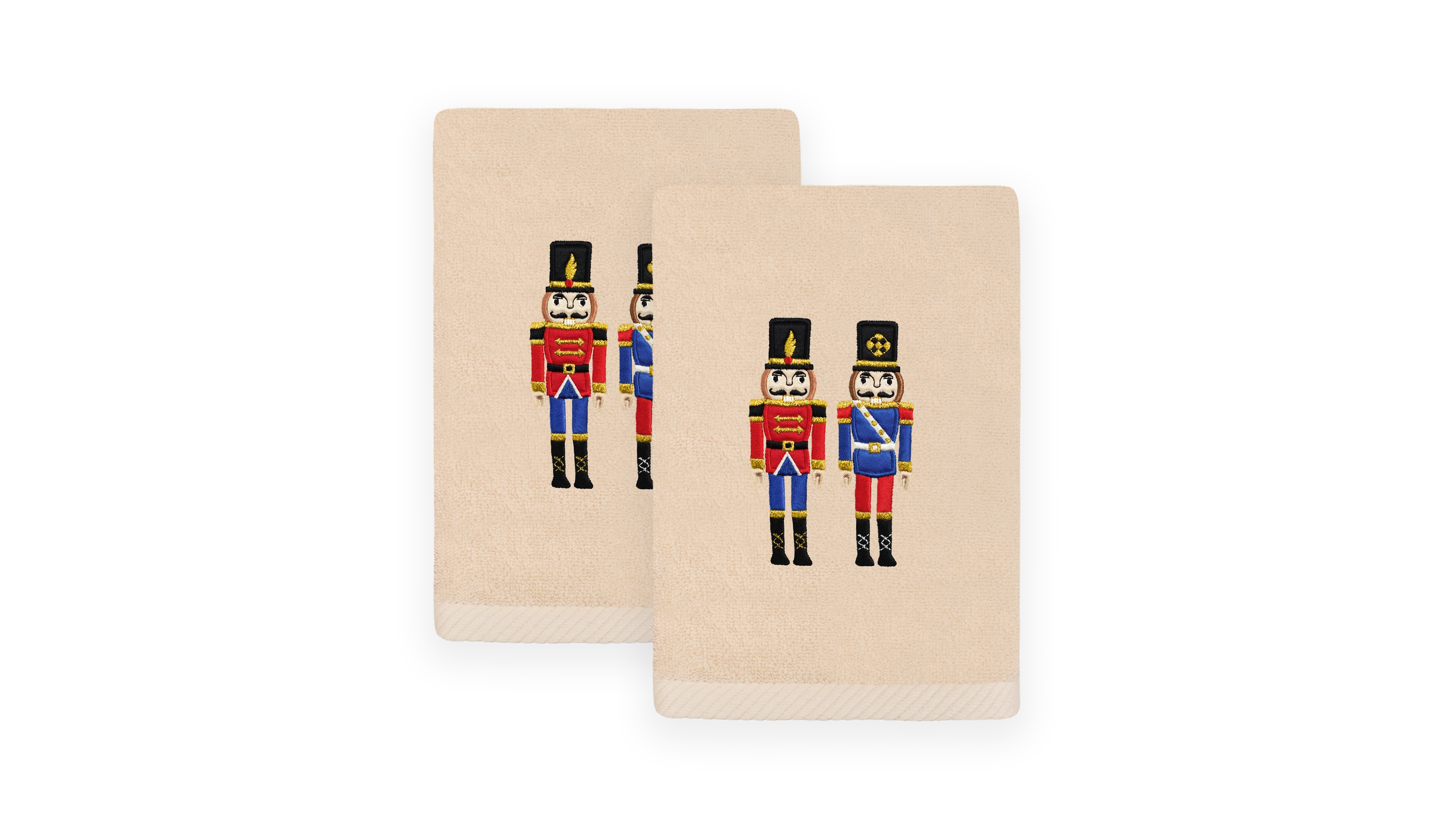 Linum Home Christmas Nutcrackers Embroidered Luxury 100% Turkish Cotton Hand Towels, 2 Piece Set