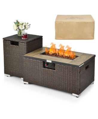 32"x 20" Propane Rattan Fire Pit Table Set with Side Table Tank and Cover 40,000 BTU