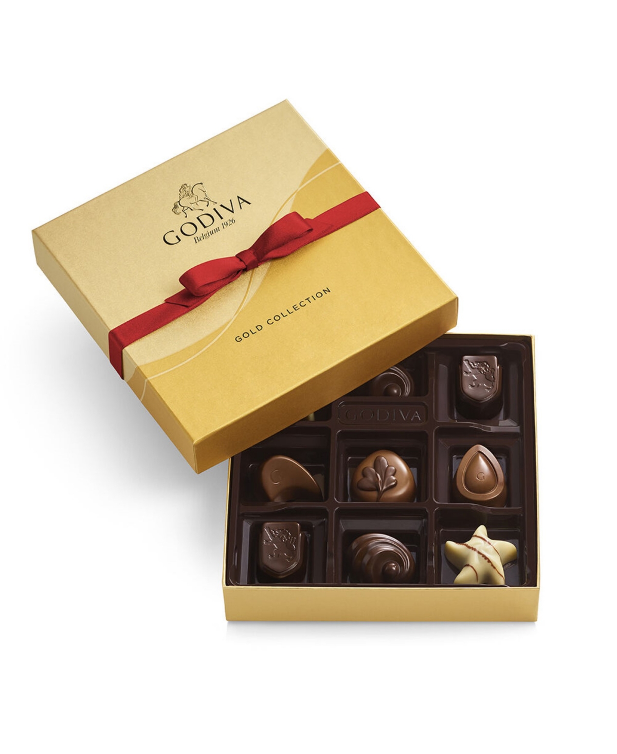 GODIVA ASSORTED CHOCOLATE GOLD GIFT BOX, RED RIBBON, 9 PIECE 