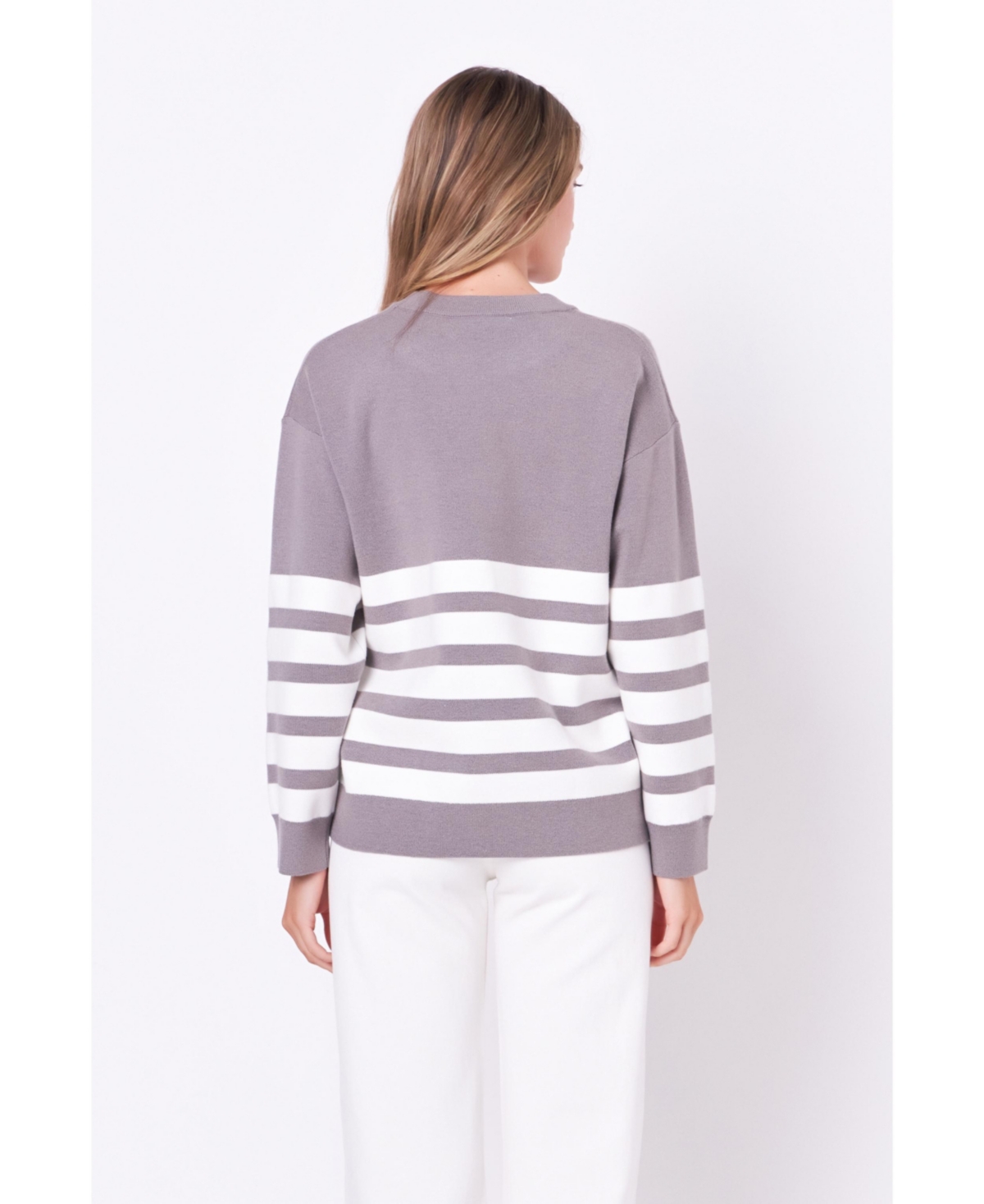 Women's Stripe Round Neck Sweater -white