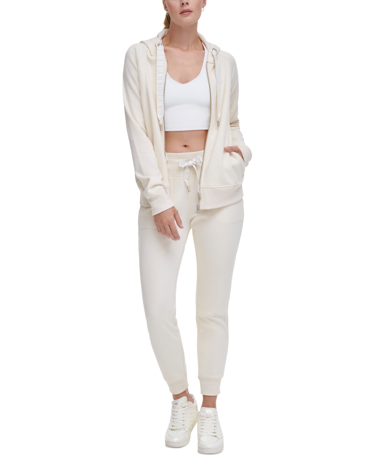 Dkny Sport Women's Logo-Drawstring Fleece Full-Zip Hoodie -sand