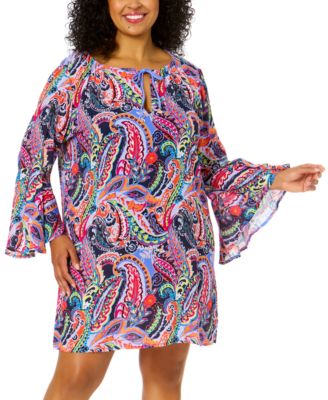 Anne Cole - Plus Size Drawstring V-Neck Bell-Sleeve Tunic Cover-Up