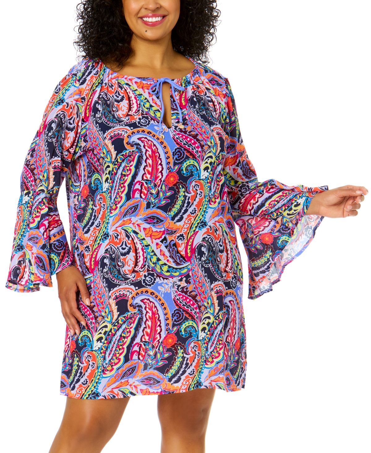 Plus Size Drawstring V-Neck Bell-Sleeve Tunic Cover-Up - Paisley Parade