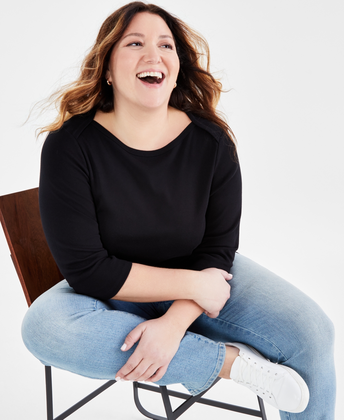 Style & Co Plus Size Pima Cotton 3/4-sleeve Top, Created For Macy's In Deep Black