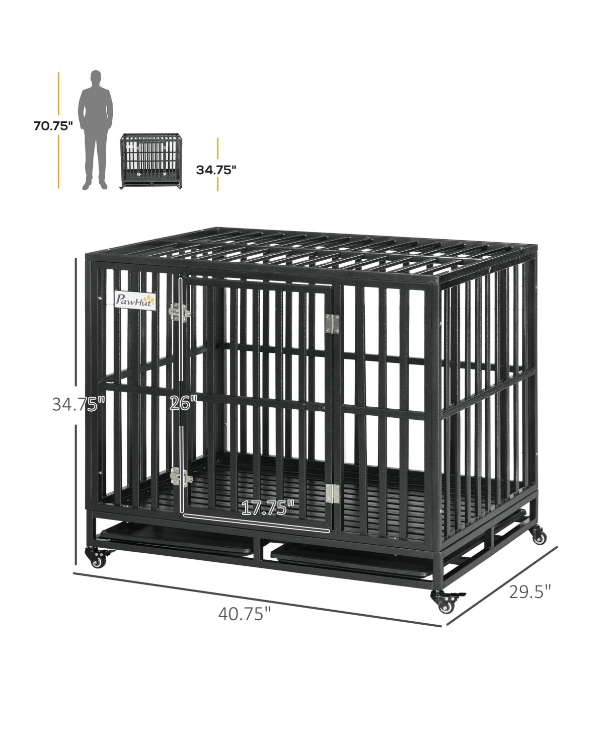 PawHut Heavy Duty Steel Dog Crate Kennel with Wheels and 1 Access Door,- Black