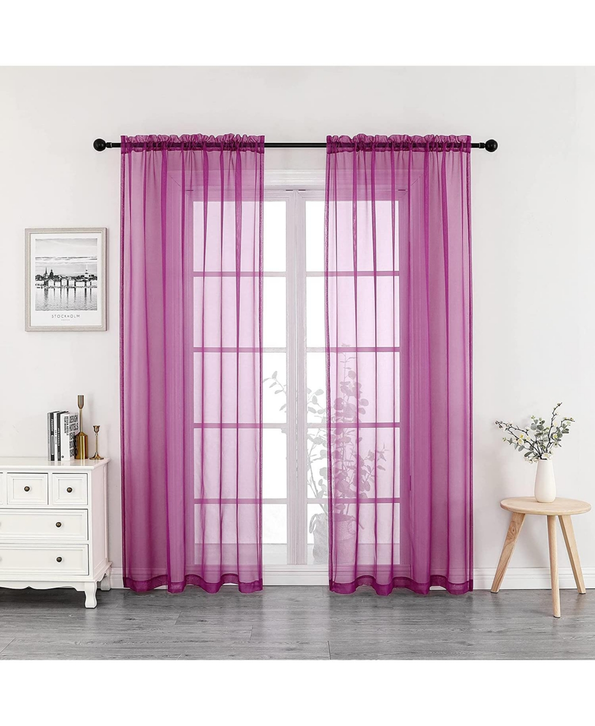 2 Piece Purple Colored Rod Pocket Sheer Voile Window Curtains - Purple