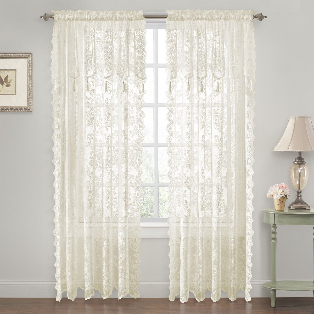 Shabby Chic Lace Single Curtain Panel With An Attached Valance - 52 in. W x 84 in. L, White - Ivory/off white