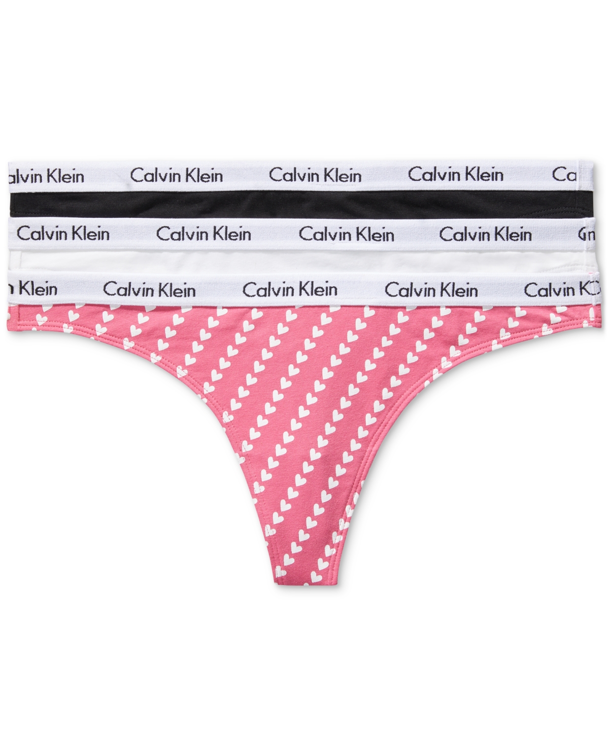 Calvin Klein Carousel Cotton 3-pack Thong Underwear Qd3587 In Black,white,pink Heart Print