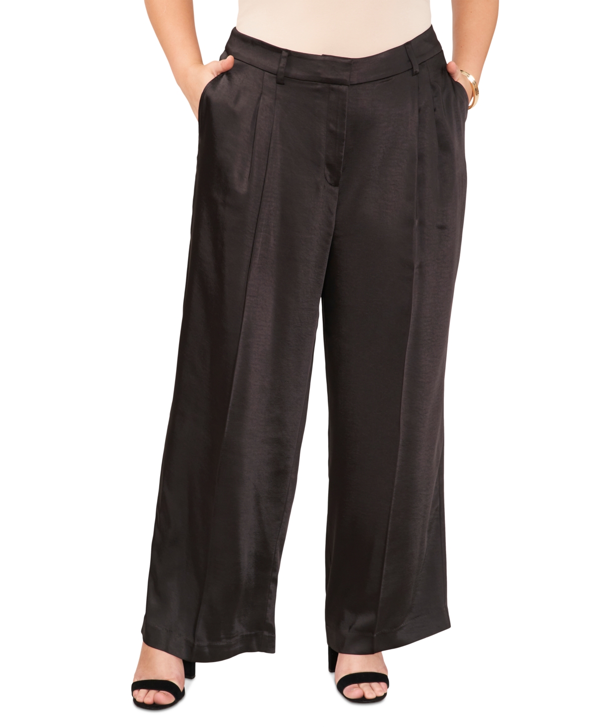Vince Camuto Trendy Plus Size Satin Pleated Wide-leg Pants In Rich Black