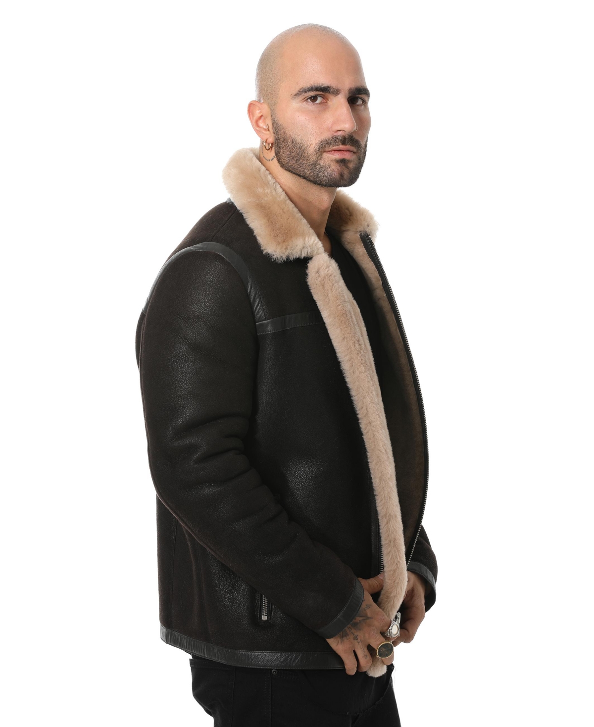 Furniq Uk Men's Leather Banded Sheepskin Casual Jacket