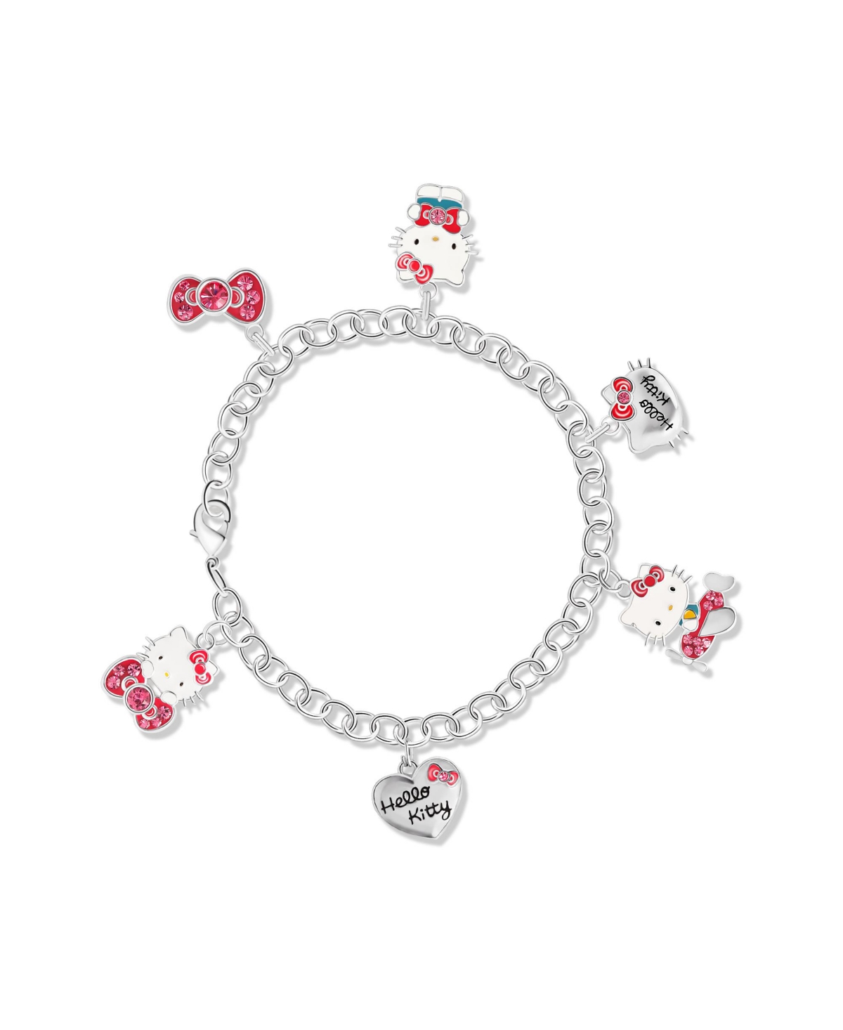 Sanrio Hello Kitty Officially Licensed Authentic Silver Plated Charm Bracelet - 8'' - Silver and pink