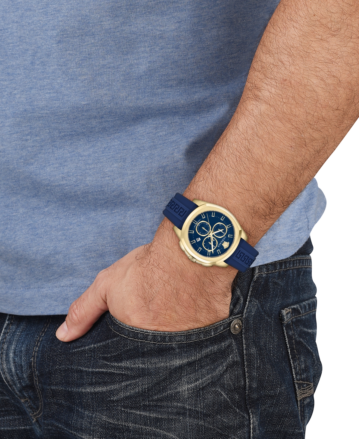 Shop Versace Men's Swiss Chronograph Geo Blue Silicone Strap Watch 43mm In Ip Yellow Gold