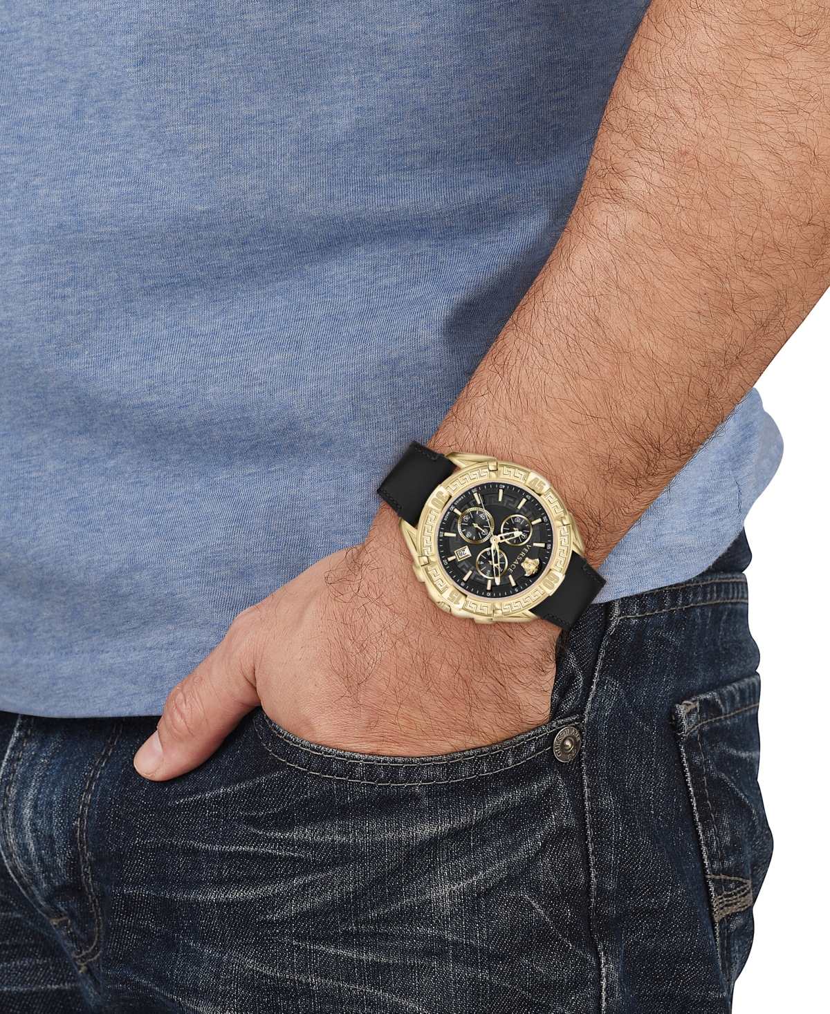 Shop Versace Men's Swiss Chronograph V-greca Black Leather Strap Watch 46mm In Ip Yellow Gold