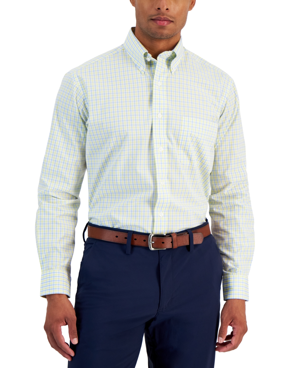 Men's Regular-Fit Gingham Dress Shirt, Created for Macy's - Yellow Light Blue