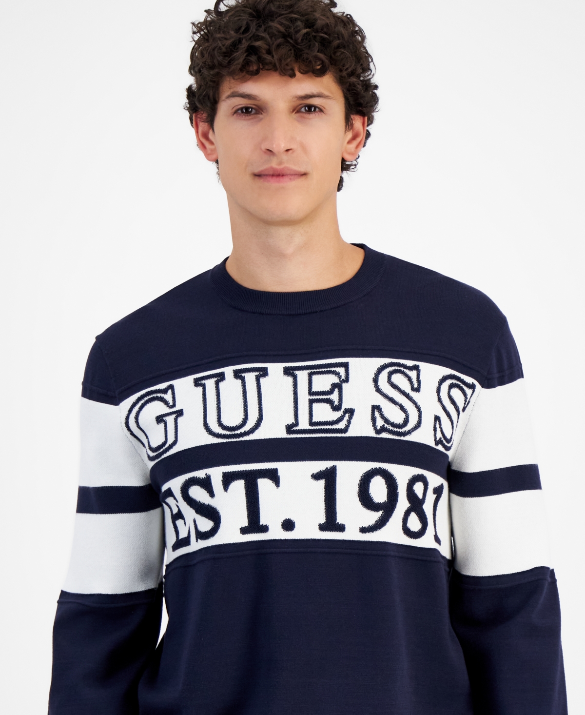 Shop Guess Men's Logo Stripe Sweater In Smart Blue