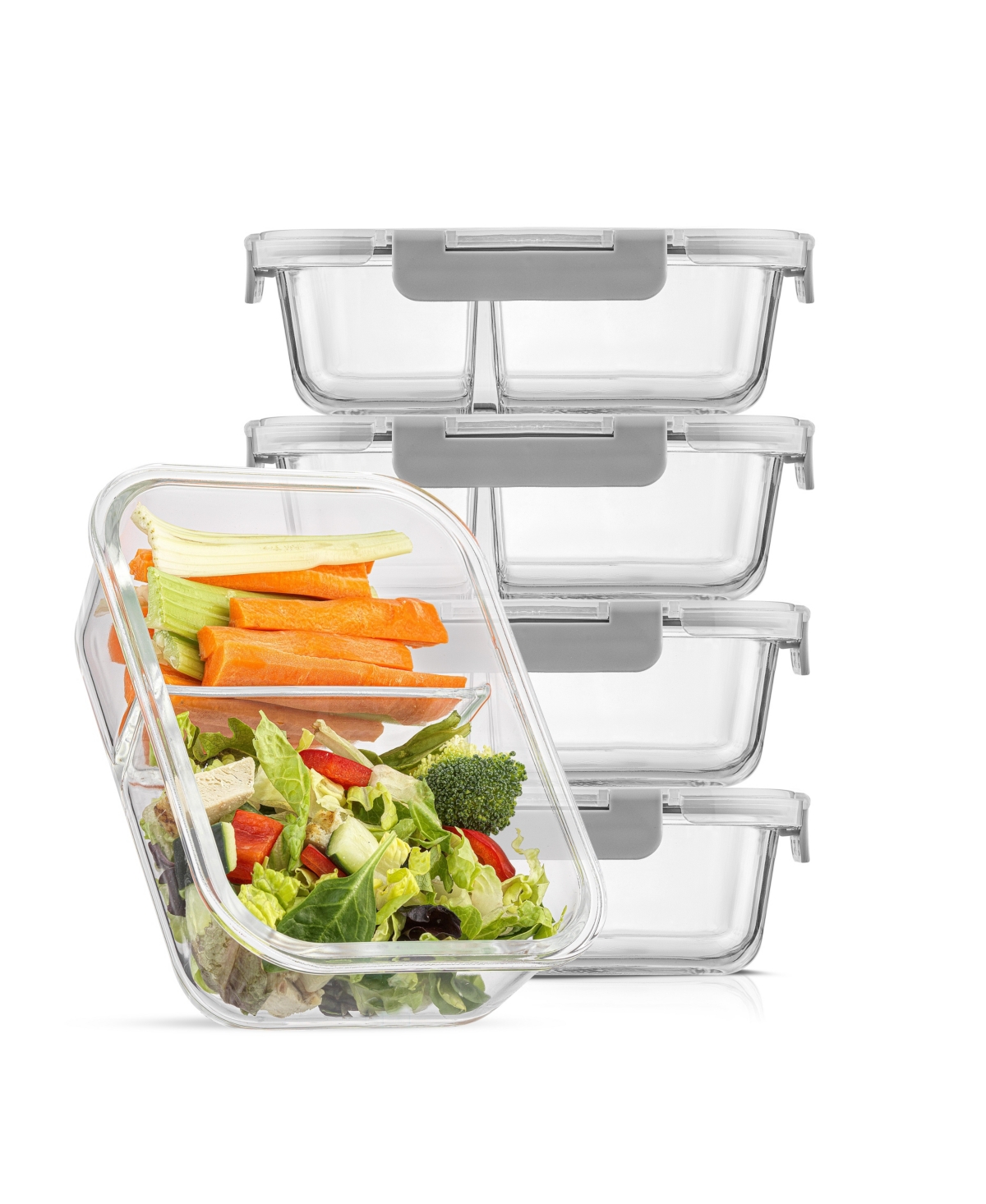 Joyjolt Glass Meal Prep Containers 2 Compartments, Set Of 5 In Clear,gray