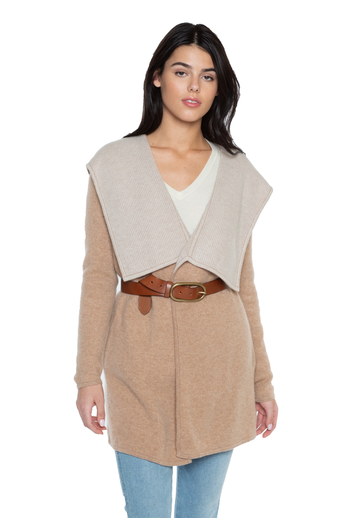 Women's 100% Pure Cashmere Long Sleeve 2-tone Double Face Cascade Open Cardigan Sweater - Marled grey cream