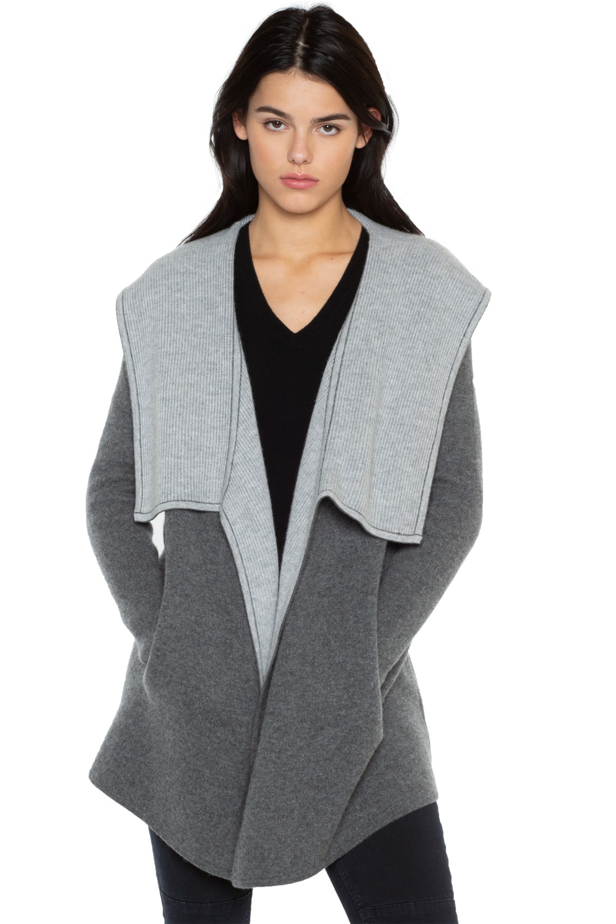Женские JENNIE LIU Women's 100% Pure Cashmere Long Sleeve 2-tone Double Face Cascade Open Cardigan Sweater — фото 1