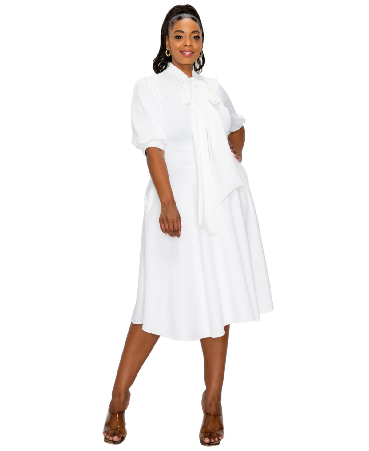 Plus Size Carina Donna Flare Dress w/ Pockets - White