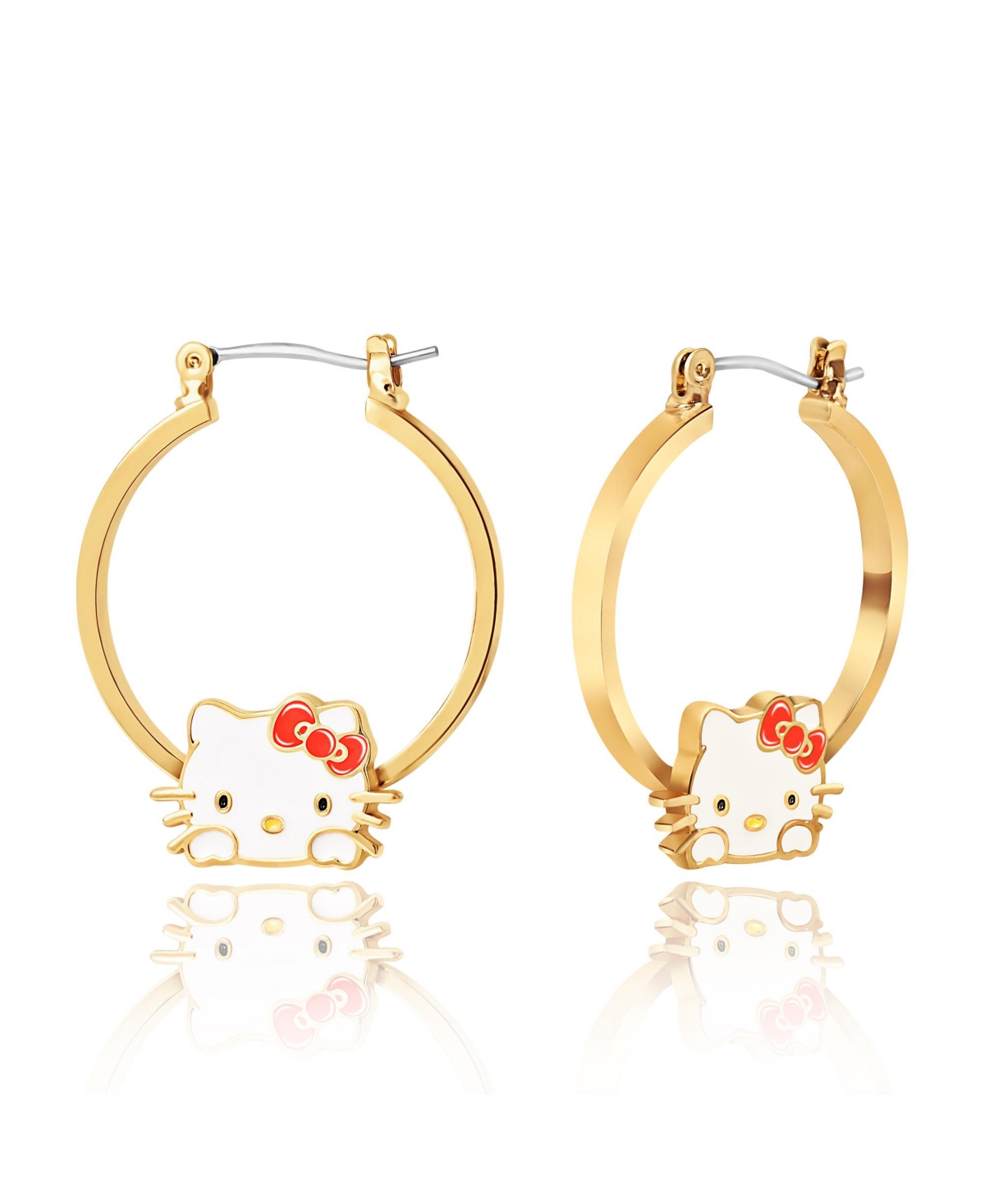 Sanrio Hello Kitty Hoop Gold Plated and Enamel Earrings, Officially Licensed - Gold tone, red, white