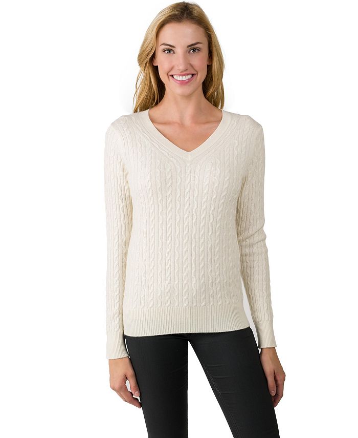 J Cashmere Women's 100% Cashmere Cable-knit Long Sleeve Pullover V Neck ...