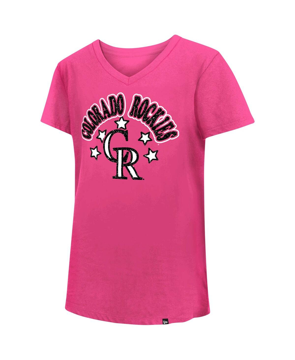 NEW ERA BIG GIRLS NEW ERA PINK COLORADO ROCKIES JERSEY STARS V-NECK T-SHIRT 
