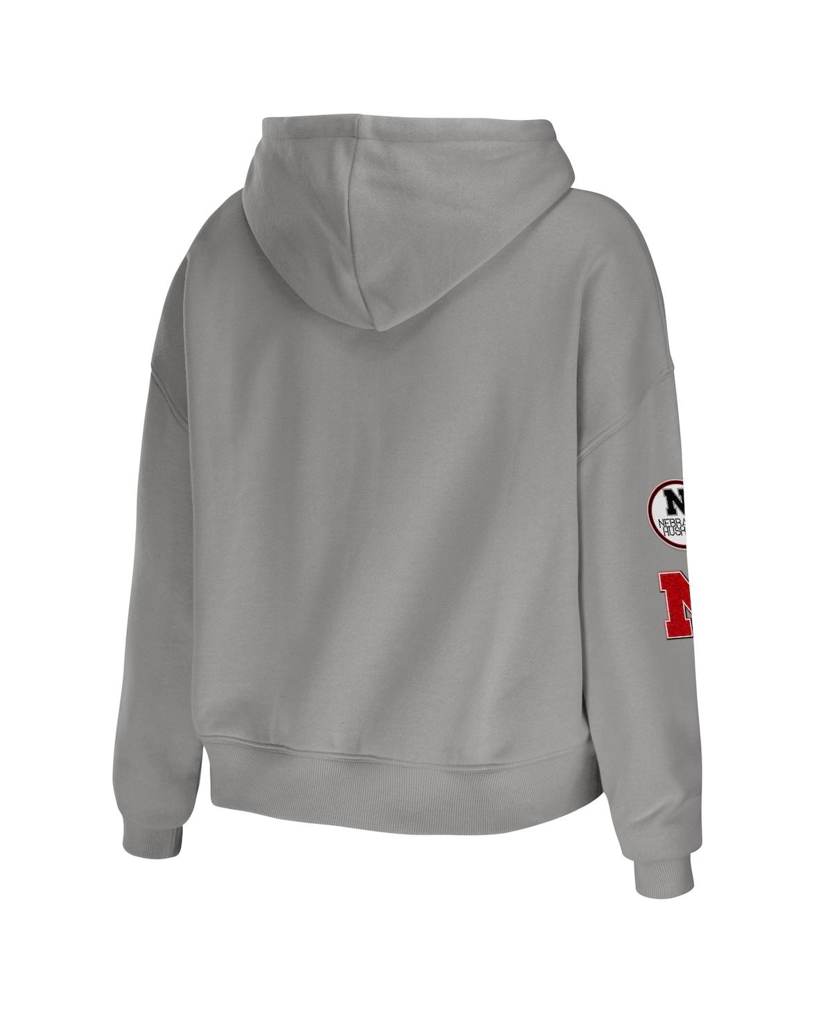 Shop Wear By Erin Andrews Women's  Gray Nebraska Huskers Mixed Media Cropped Pullover Hoodie