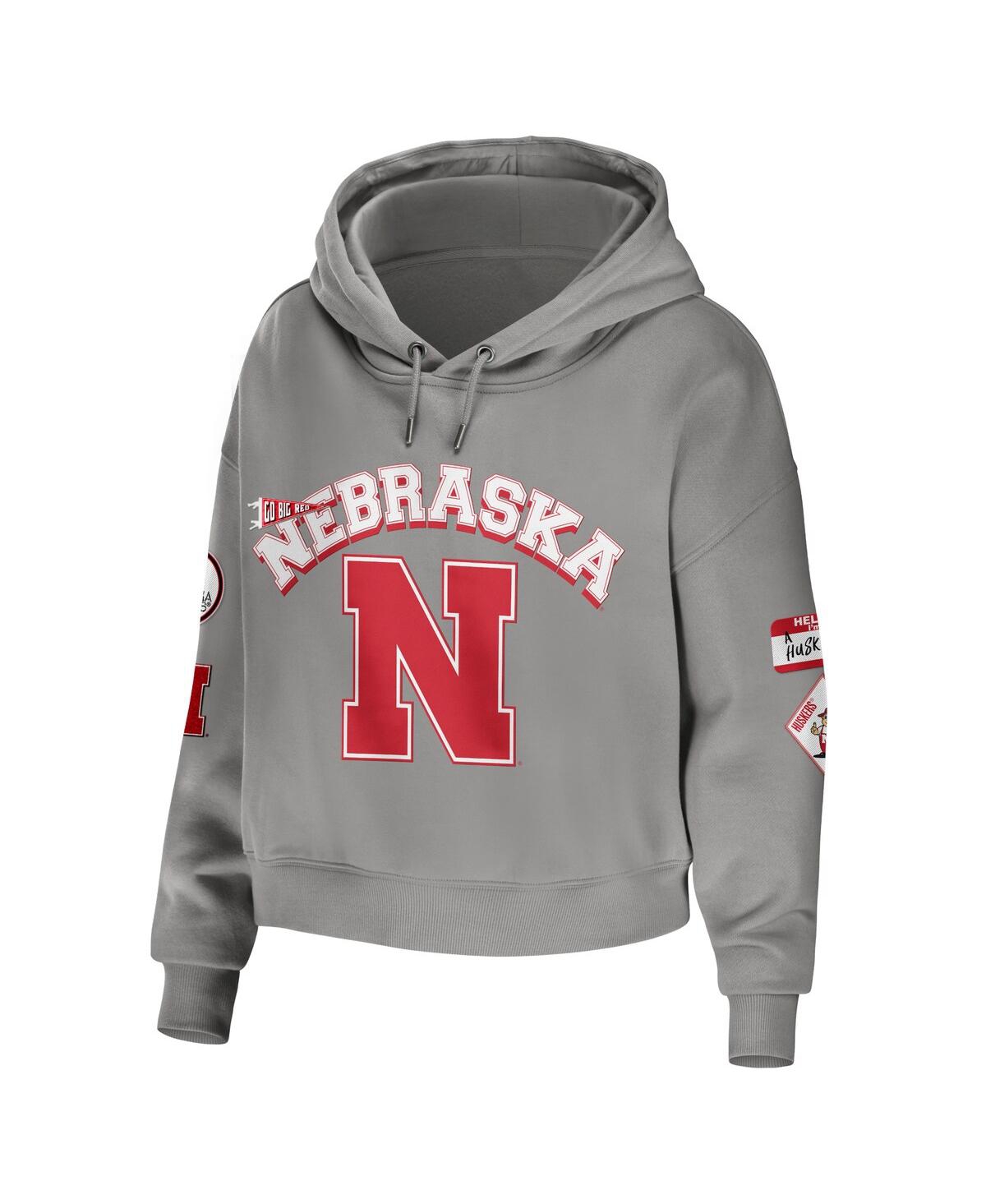 Shop Wear By Erin Andrews Women's  Gray Nebraska Huskers Mixed Media Cropped Pullover Hoodie