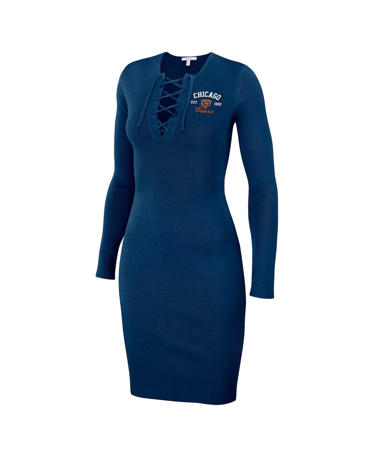 Shop Wear By Erin Andrews Women's  Navy Chicago Bears Lace Up Long Sleeve Dress