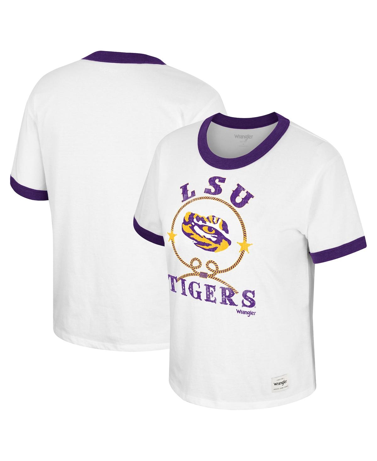 COLOSSEUM WOMEN'S COLOSSEUM X WRANGLER WHITE DISTRESSED LSU TIGERS FREEHAND RINGER T-SHIRT