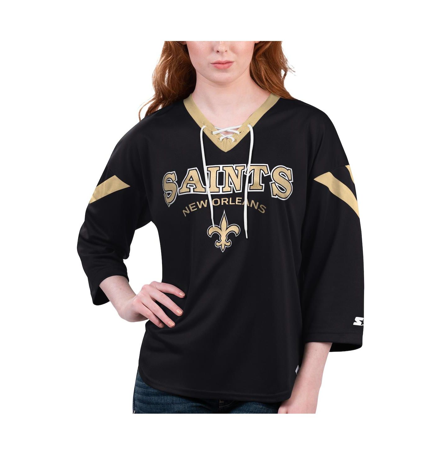 Женская футболка Starter Black New Orleans Saints Rally Lace-Up 3/4 Sleeve — фото 1