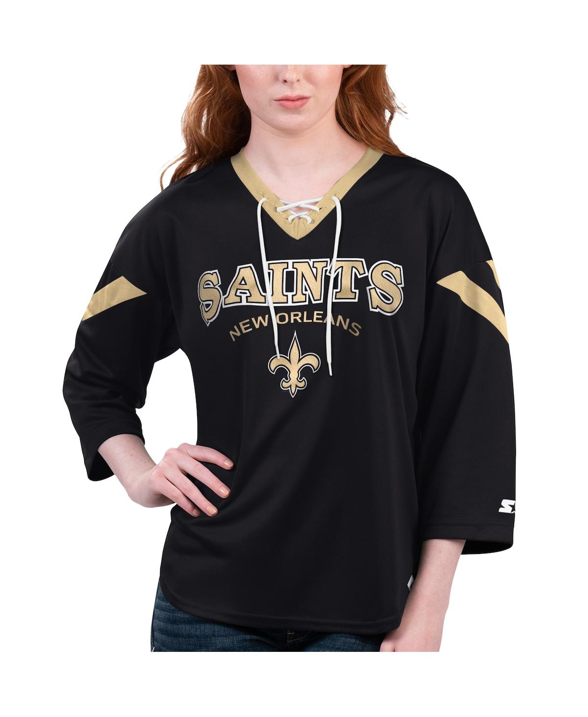 Starter Women's  Black New Orleans Saints Rally Lace-up 3/4 Sleeve T-shirt