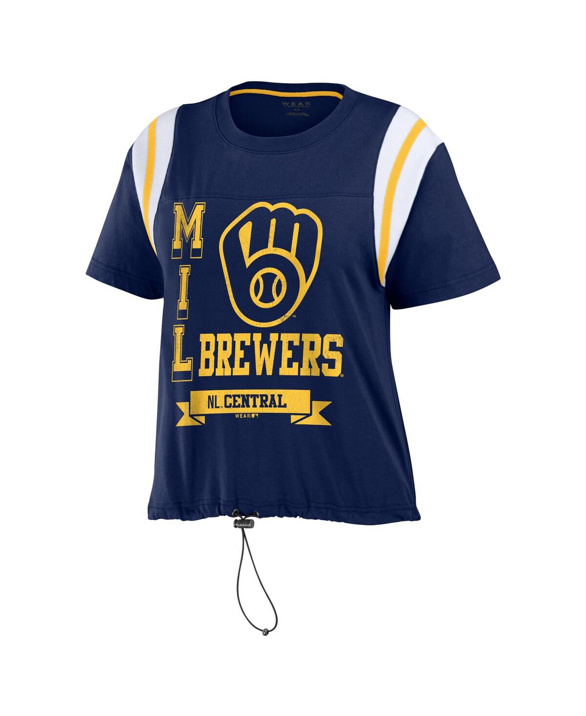 Shop Wear By Erin Andrews Women's  Navy Distressed Milwaukee Brewers Cinched Colorblock T-shirt