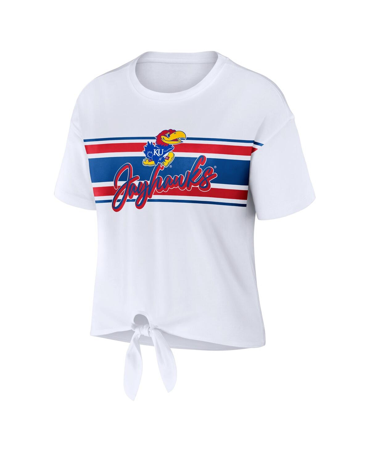 Shop Wear By Erin Andrews Women's  White Kansas Jayhawks Striped Front Knot Cropped T-shirt