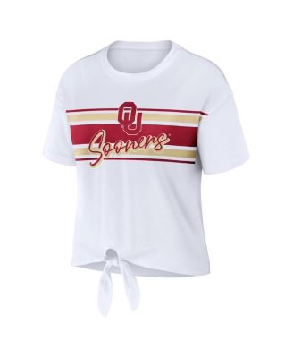 Women's White Oklahoma Sooners Striped Front Knot Cropped T-shirt